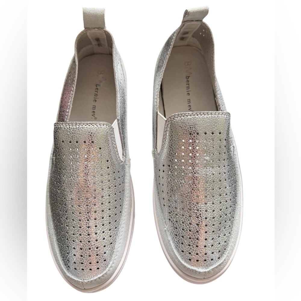 Bernie Mev Silver Slip-On Sneakers – Perforated Metallic Comfort Shoes, Sz 41/10